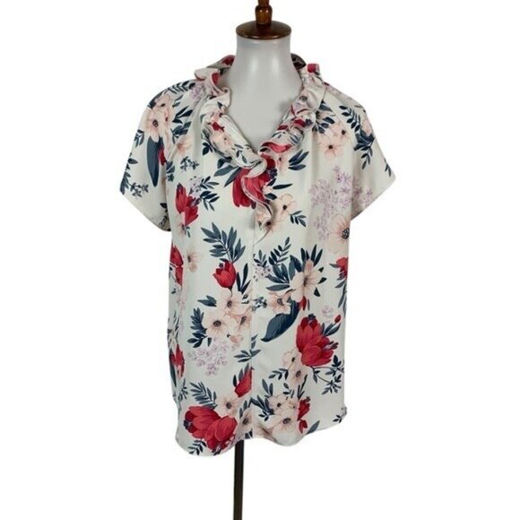 Ann Taylor Blouse Medium Floral Short Sleeve Career Workwear Chic - Picture 1 of 5